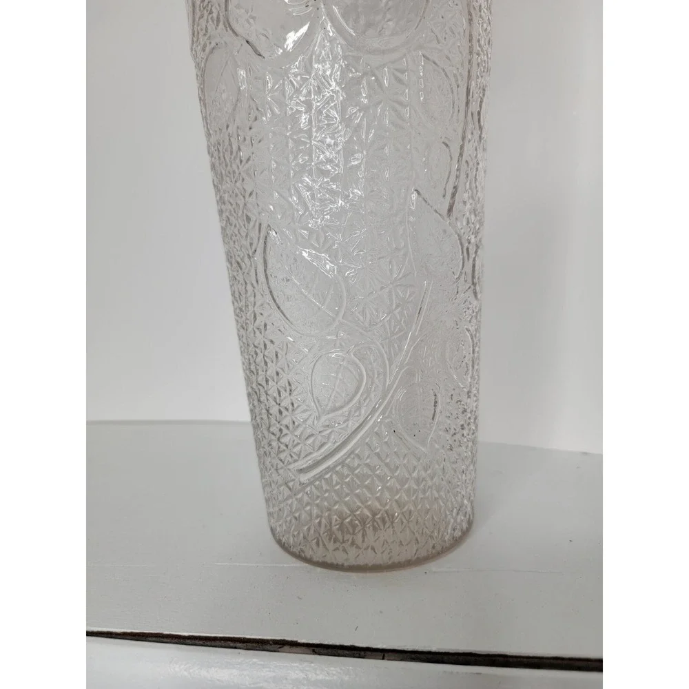 Vintage Clear Glass Rose Vase Embossed Floral Textured UV Manganese Glow Tall